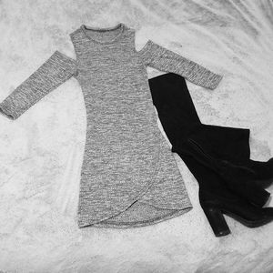 Grey body con dress with shoulder cut outs